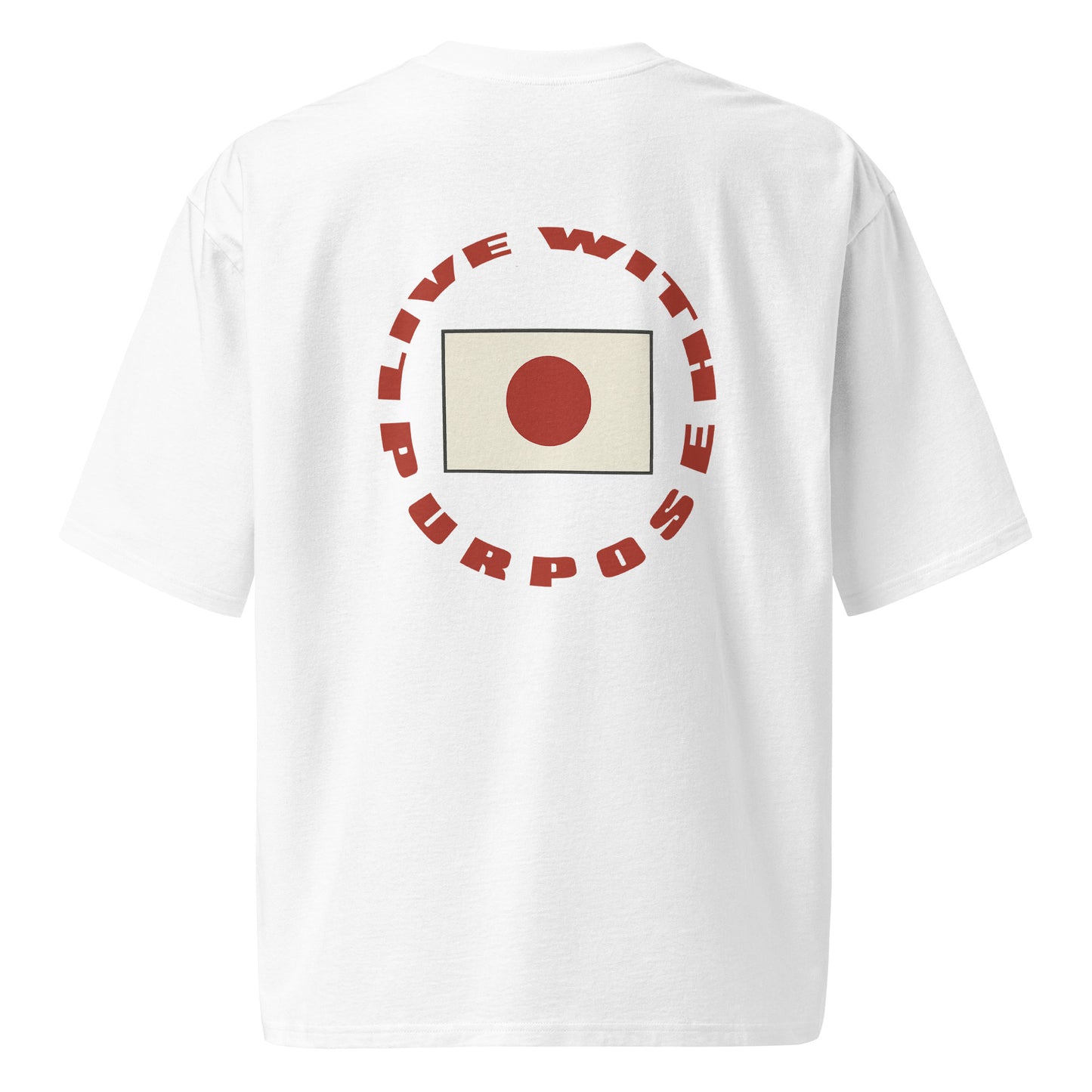 Back view of the LIVE YOUR PURPOSE tee with bold red arc text and Japanese flag graphic from the NO COMPLY collection.