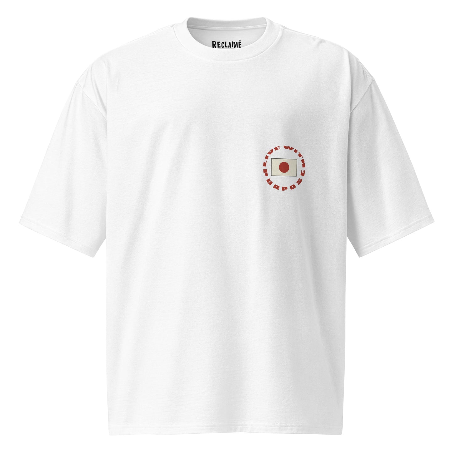 Oversized heavyweight white tee featuring minimalist Japanese flag and purpose driven streetwear design details.