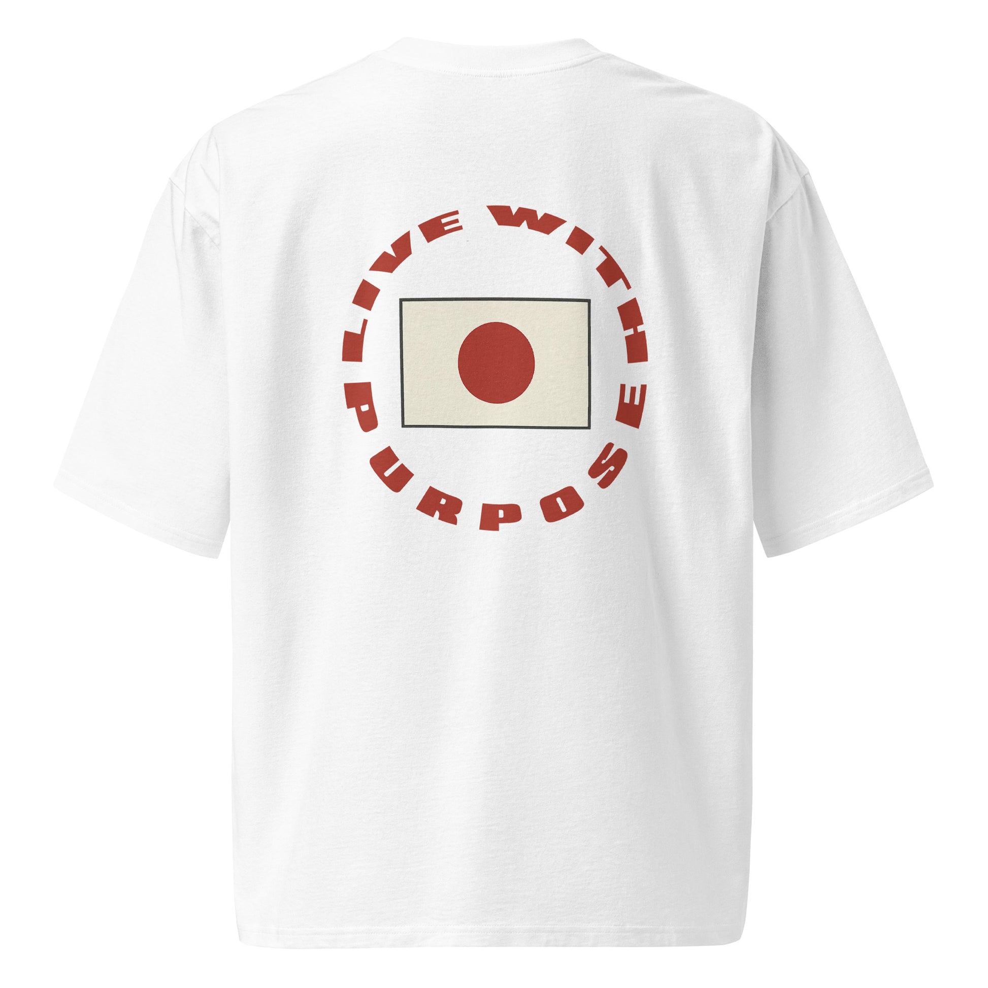 Back view of the LIVE YOUR PURPOSE tee with bold red arc text and Japanese flag graphic from the NO COMPLY collection.